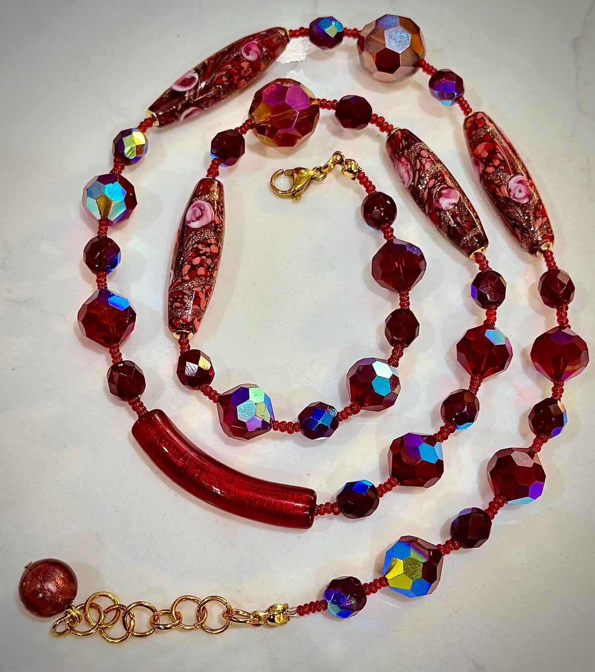 Rosario Leonardi Necklace – Red Torpedo Beads, Swarovski Crystals, Venetian Glass
