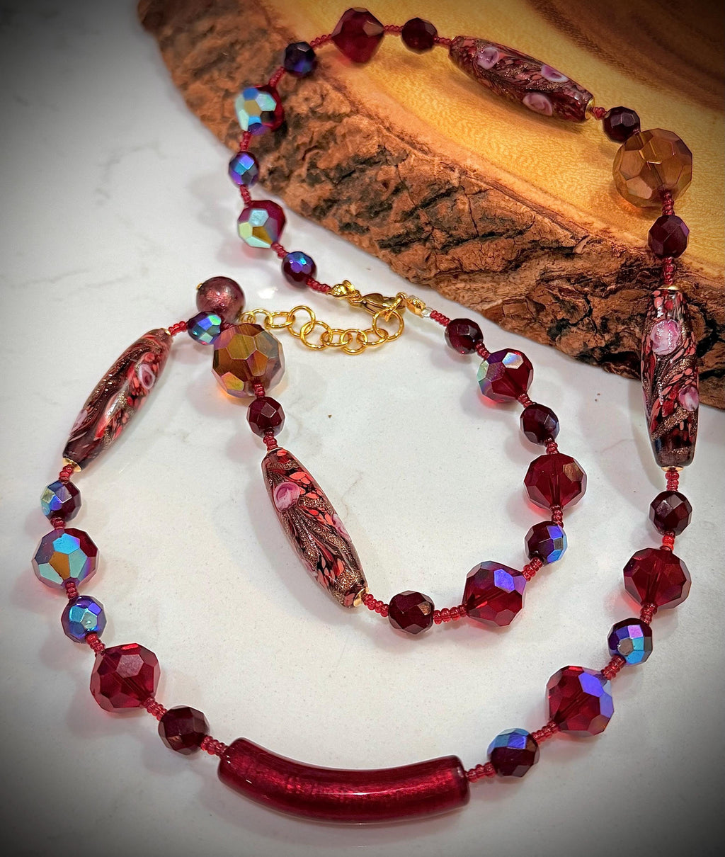 Rosario Leonardi Necklace – Red Torpedo Beads, Swarovski Crystals, Venetian Glass