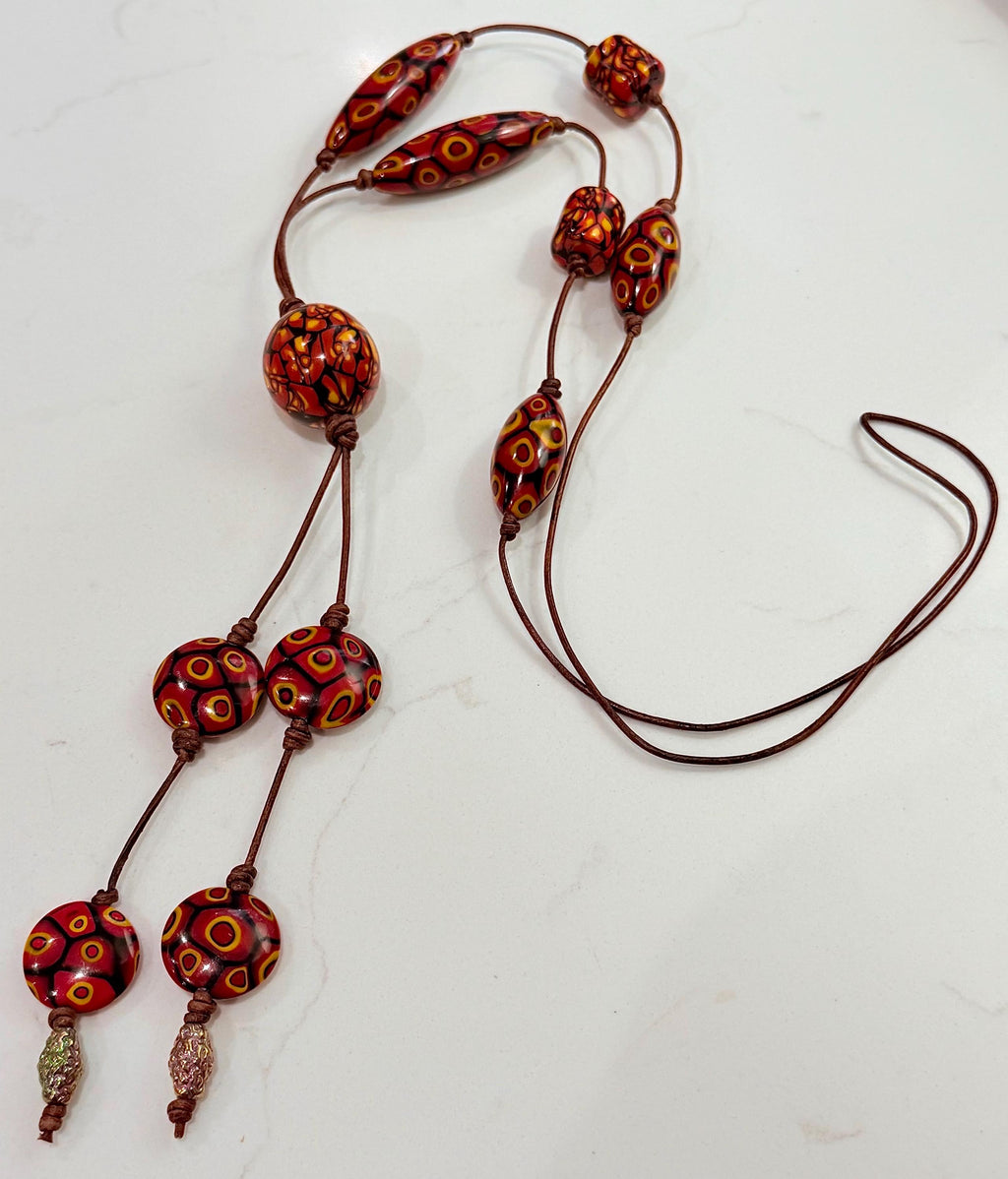 Rosario Leonardi Leather Fire Lariat Necklace-Featuring Exclusive Ercole Moretti Beads
