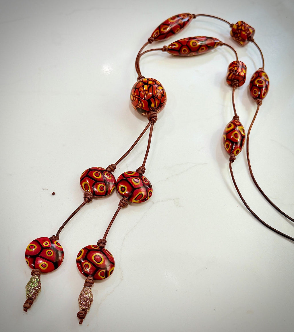 Rosario Leonardi Leather Fire Lariat Necklace-Featuring Exclusive Ercole Moretti Beads