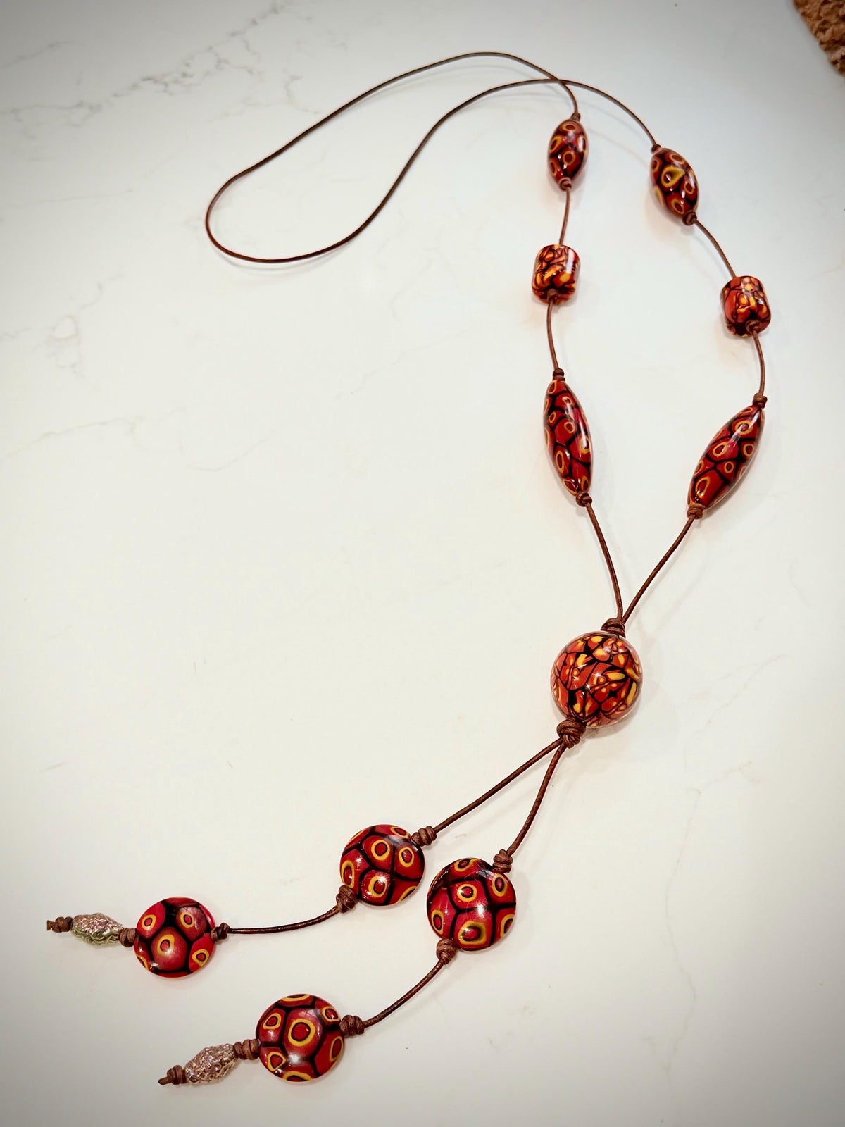 Rosario Leonardi Leather Fire Lariat Necklace-Featuring Exclusive Ercole Moretti Beads