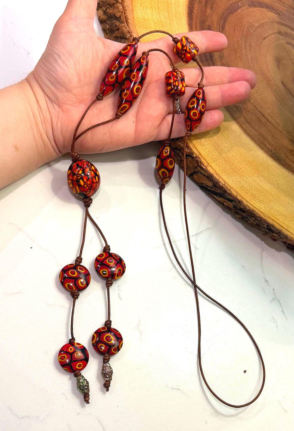 Rosario Leonardi Leather Fire Lariat Necklace-Featuring Exclusive Ercole Moretti Beads