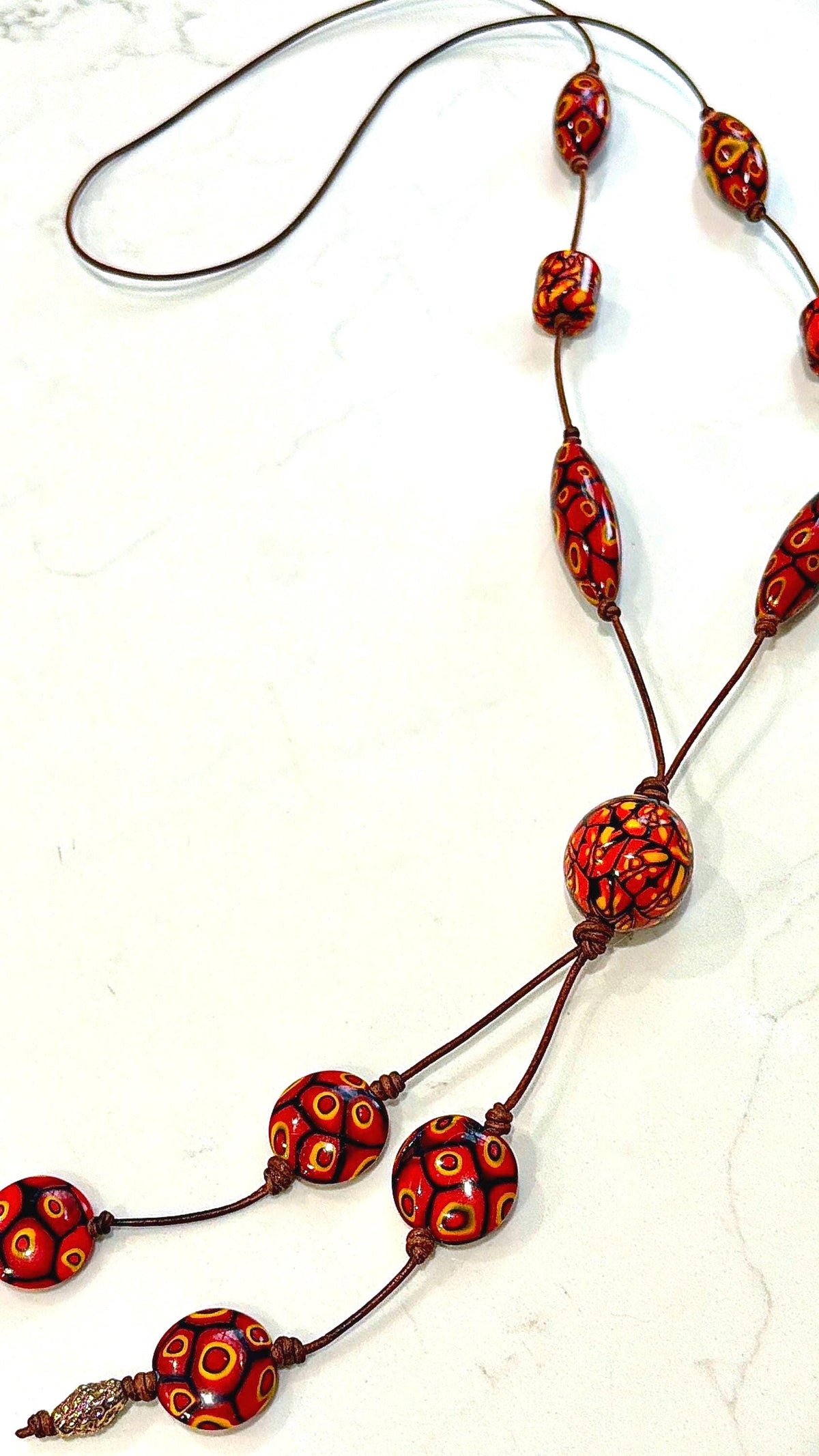 Rosario Leonardi Leather Fire Lariat Necklace-Featuring Exclusive Ercole Moretti Beads