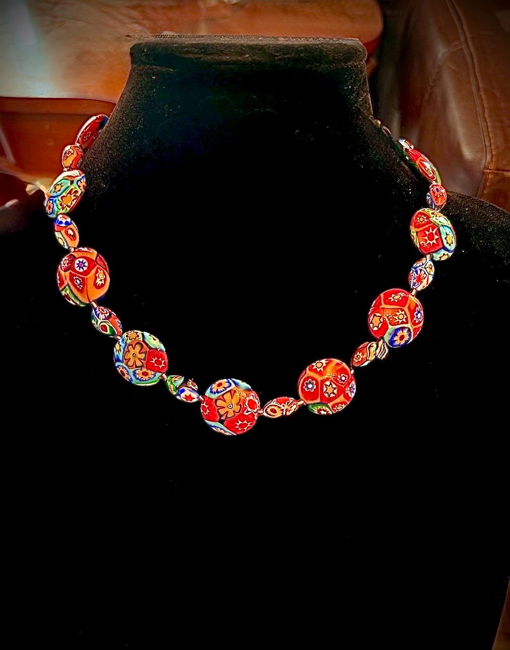 Rosario Leonardi Murano Coin Shaped Millefiori Glass Bead Necklace Featuring Ercole Moretti Beads