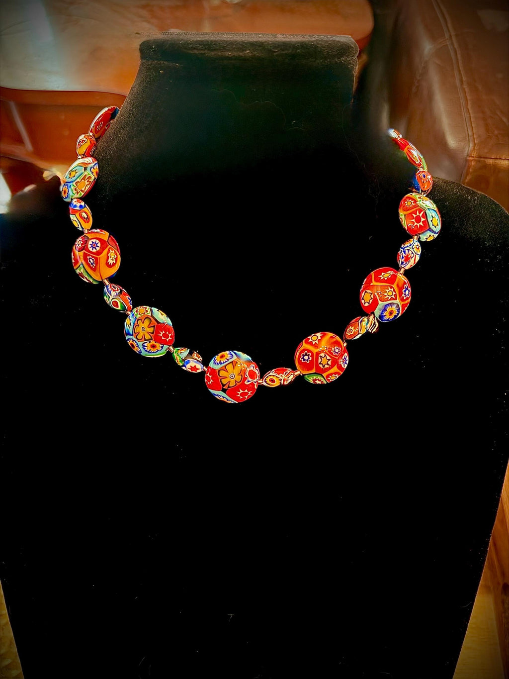 Rosario Leonardi Murano Coin Shaped Millefiori Glass Bead Necklace Featuring Ercole Moretti Beads