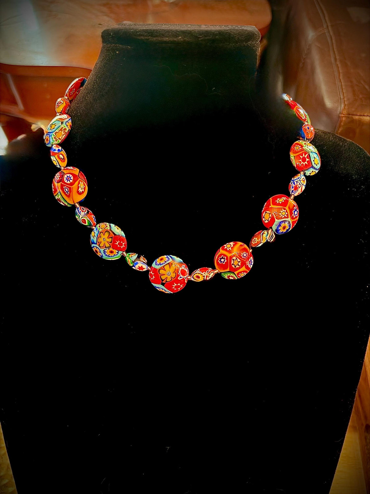 Rosario Leonardi Murano Coin Shaped Millefiori Glass Bead Necklace Featuring Ercole Moretti Beads