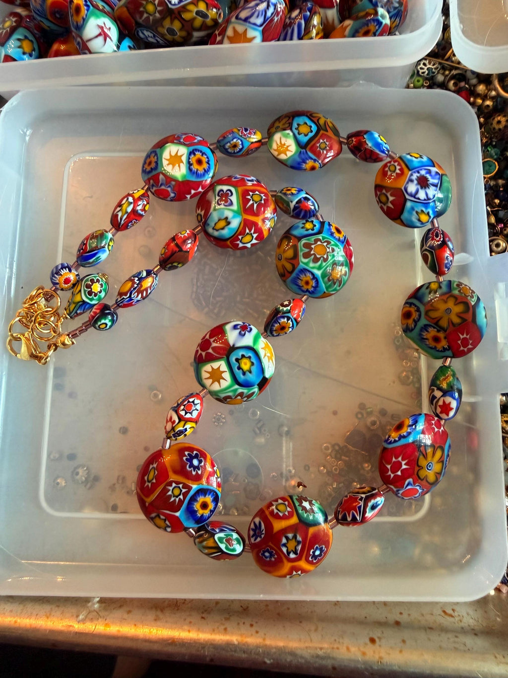 Rosario Leonardi Murano Coin Shaped Millefiori Glass Bead Necklace Featuring Ercole Moretti Beads