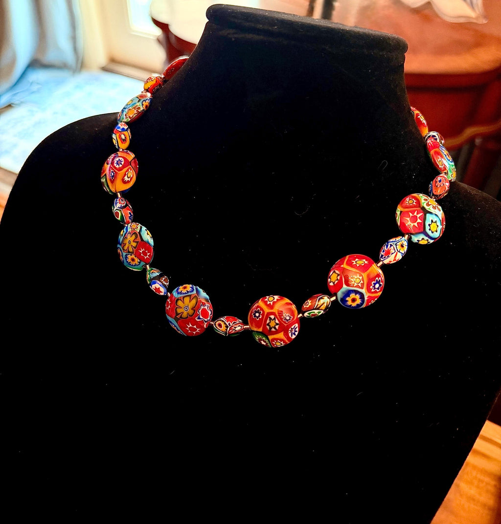 Rosario Leonardi Murano Coin Shaped Millefiori Glass Bead Necklace Featuring Ercole Moretti Beads