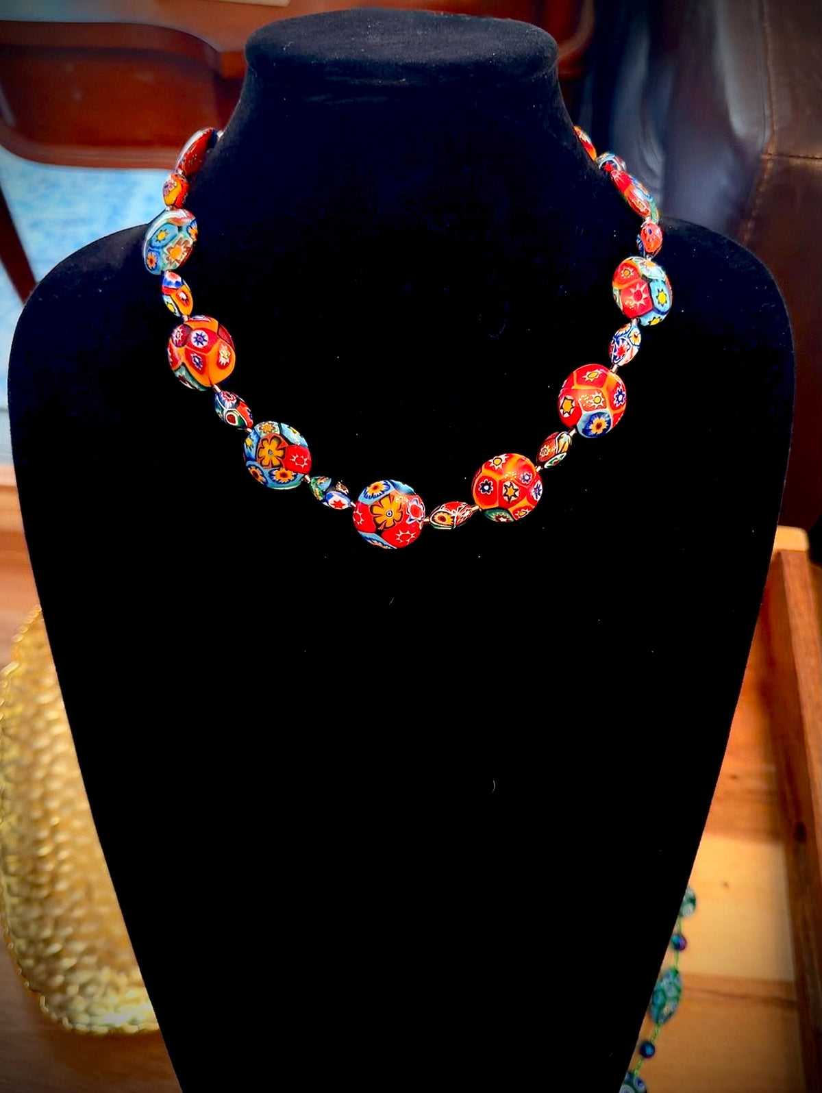 Rosario Leonardi Murano Coin Shaped Millefiori Glass Bead Necklace Featuring Ercole Moretti Beads