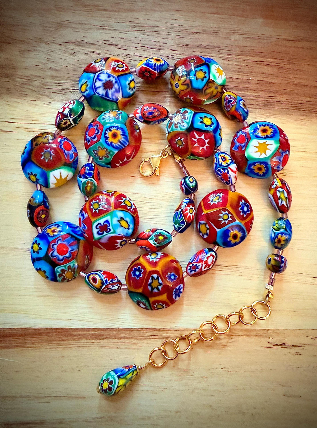 Rosario Leonardi Murano Coin Shaped Millefiori Glass Bead Necklace Featuring Ercole Moretti Beads