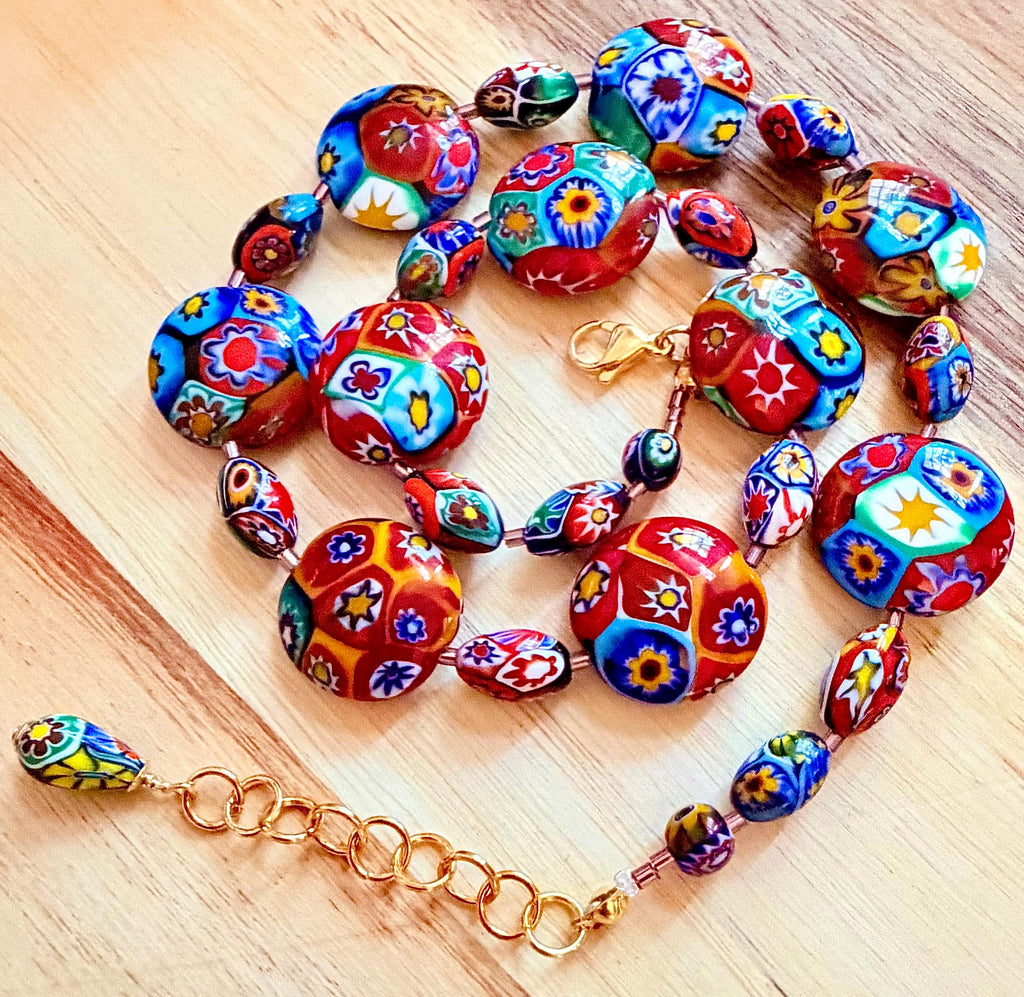 Rosario Leonardi Murano Coin Shaped Millefiori Glass Bead Necklace Featuring Ercole Moretti Beads