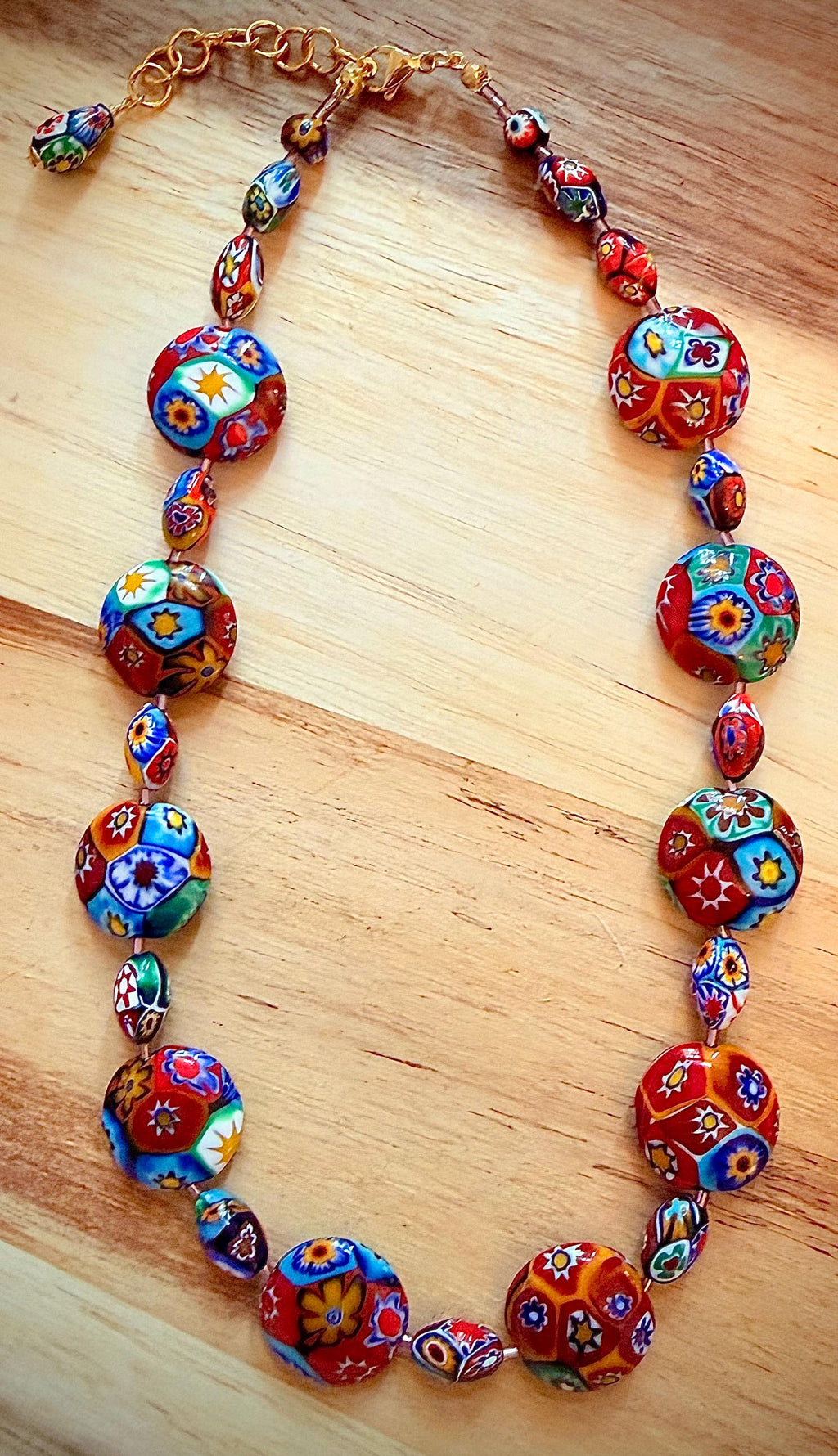 Rosario Leonardi Murano Coin Shaped Millefiori Glass Bead Necklace Featuring Ercole Moretti Beads