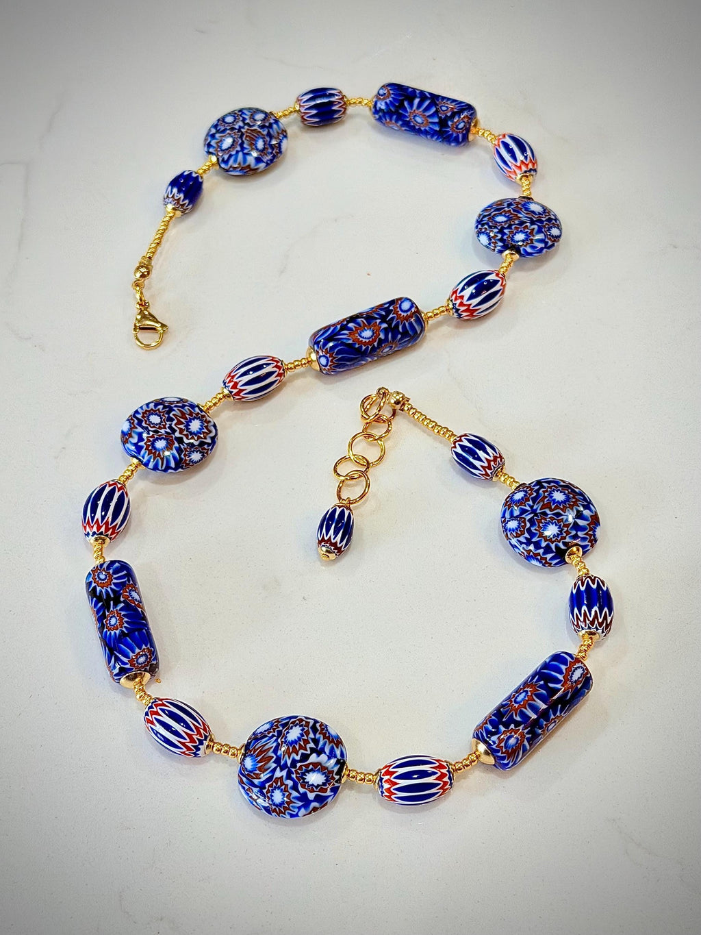 OOAK Patriotic Themed Red, White   And Blue 22” Necklace Featuring Ercole Moretti Vintage & New Millefioi Murano Glass Beads.