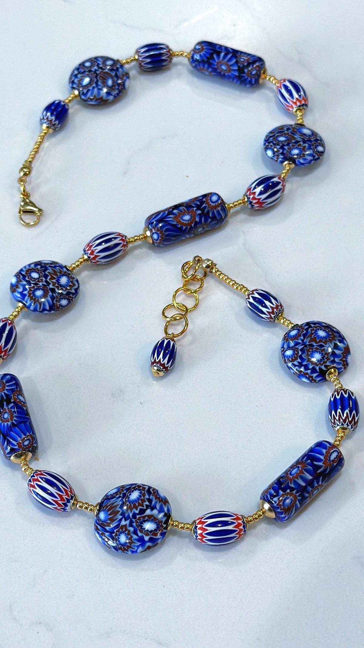 OOAK Patriotic Themed Red, White   And Blue 22” Necklace Featuring Ercole Moretti Vintage & New Millefioi Murano Glass Beads.