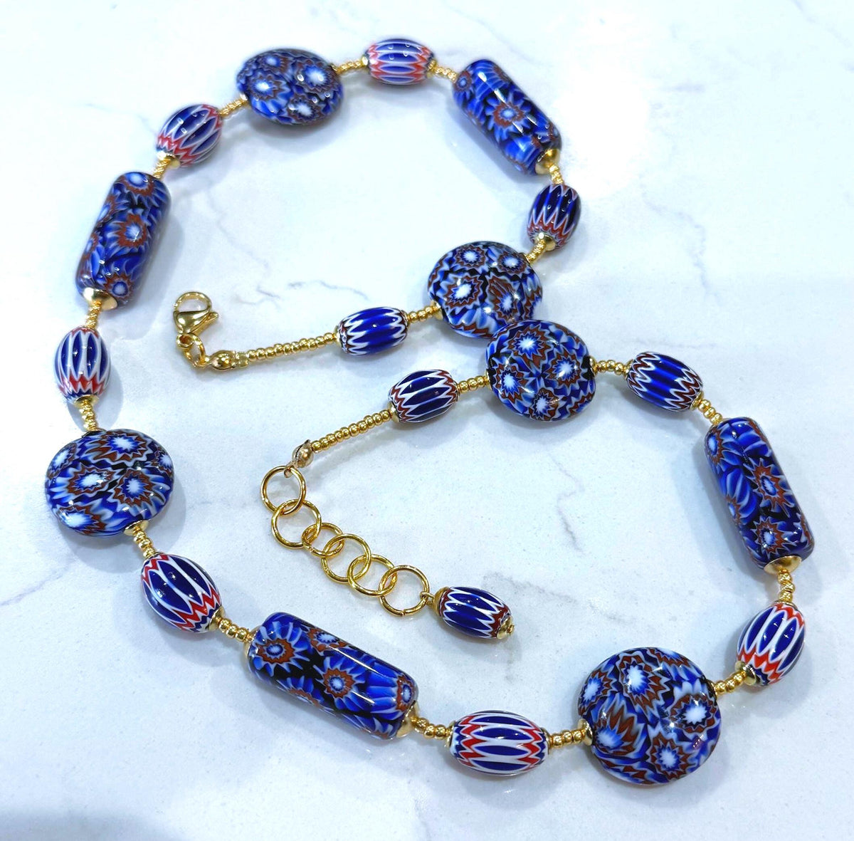 OOAK Patriotic Themed Red, White   And Blue 22” Necklace Featuring Ercole Moretti Vintage & New Millefioi Murano Glass Beads.