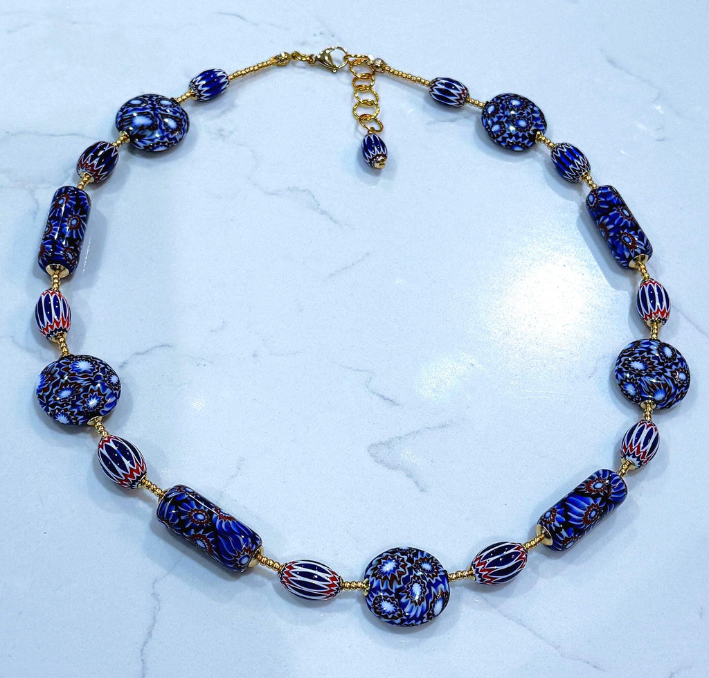 OOAK Patriotic Themed Red, White   And Blue 22” Necklace Featuring Ercole Moretti Vintage & New Millefioi Murano Glass Beads.