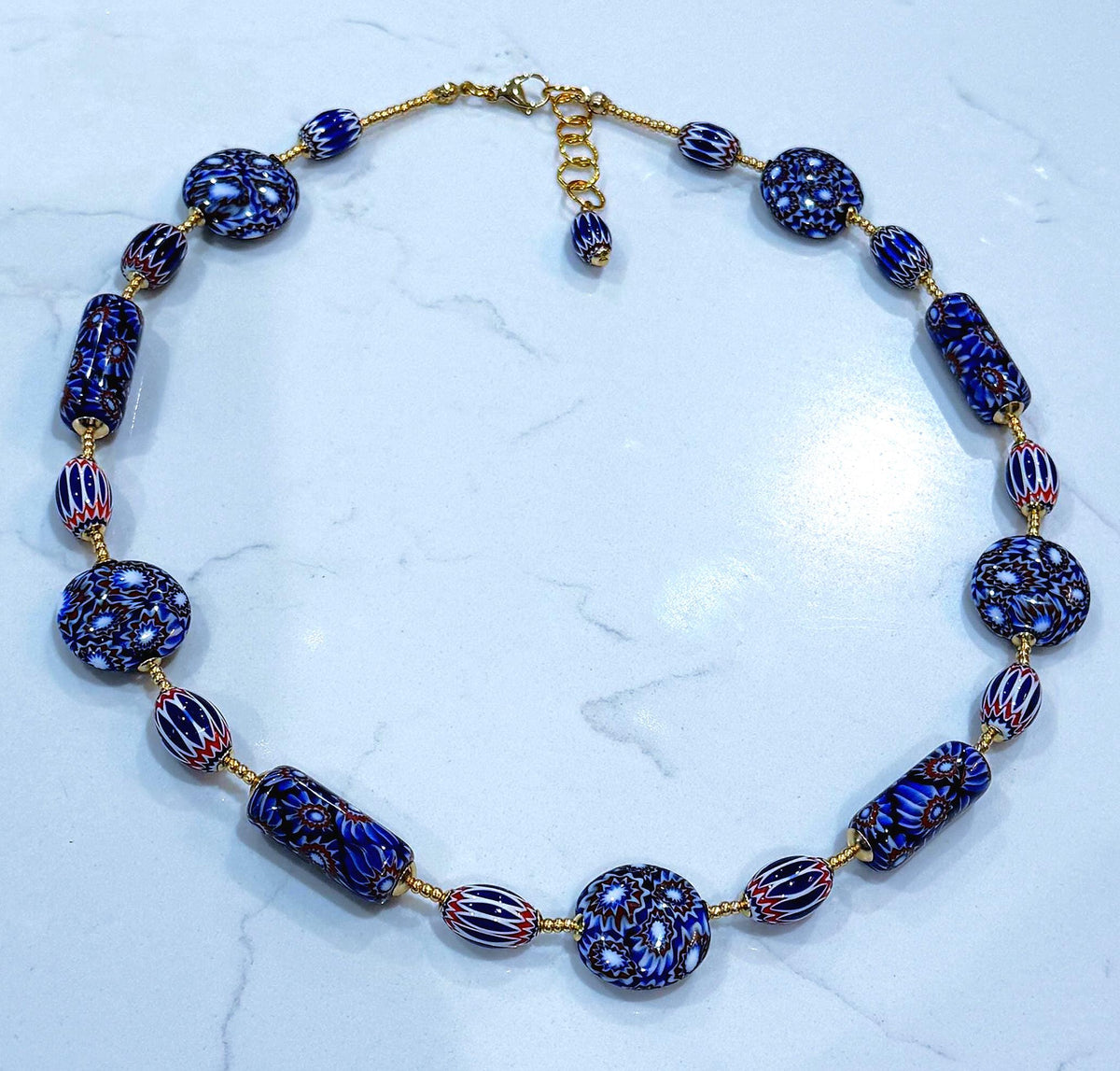 OOAK Patriotic Themed Red, White   And Blue 22” Necklace Featuring Ercole Moretti Vintage & New Millefioi Murano Glass Beads.